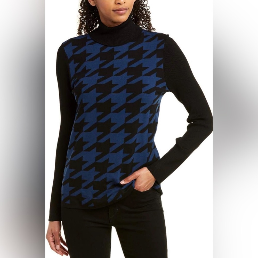 ANNE KLEIN Women's Houndstooth Turtleneck Sweater Black/Spruce